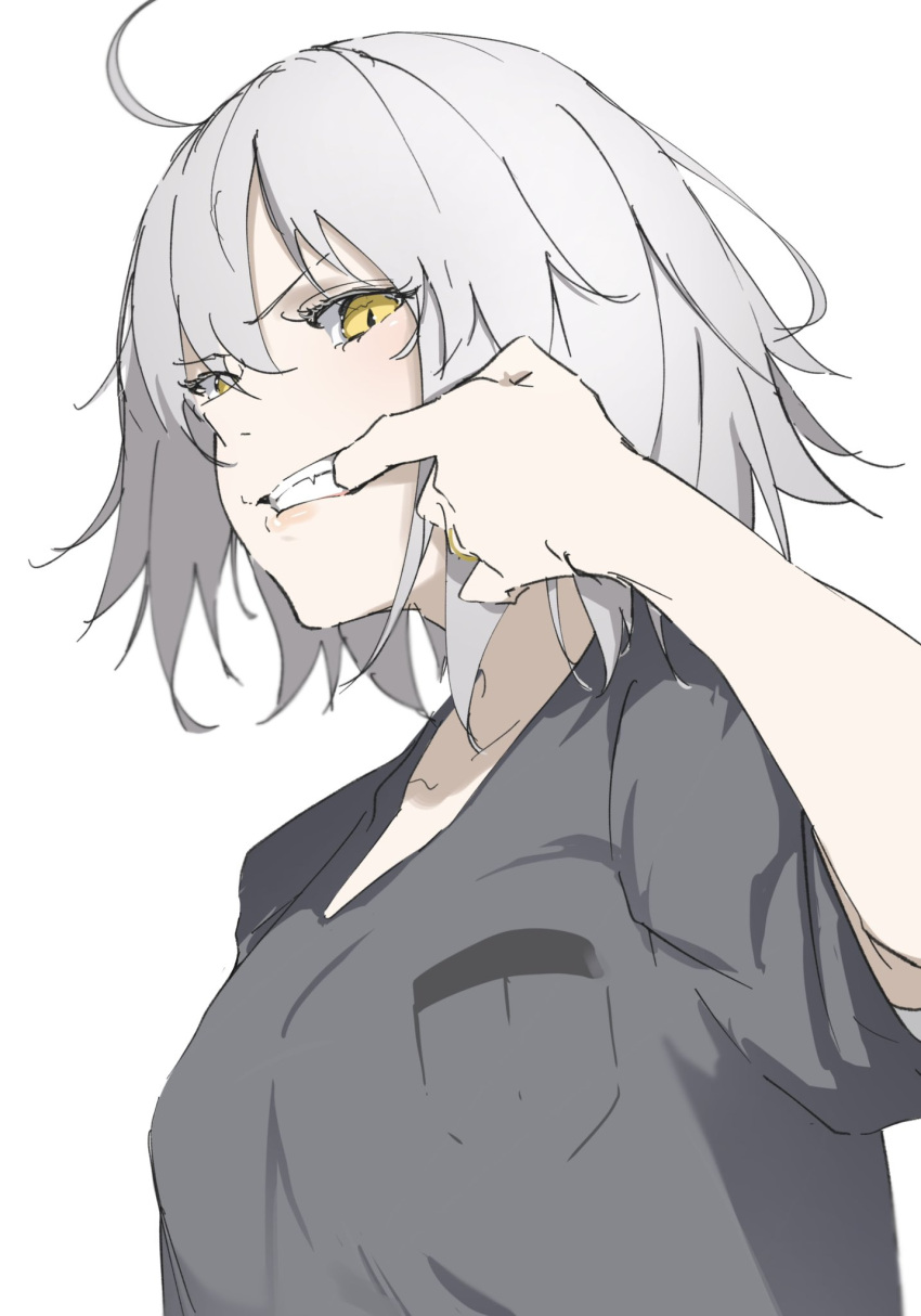 1girl, ahoge, alternate_costume, casual, fang, fate/grand_order, fate_(series), finger_in_own_mouth, grey_hair, grey_shirt, hand_up, highres, jeanne_d'arc_alter_(fate), jewelry, lips, looking_at_viewer, looking_down, ri_o_ne_su, ring, shirt, short_hair, short_sleeves, simple_background, sketch, solo, t-shirt, teeth, upper_body, wedding_ring, white_background, yellow_eyes
