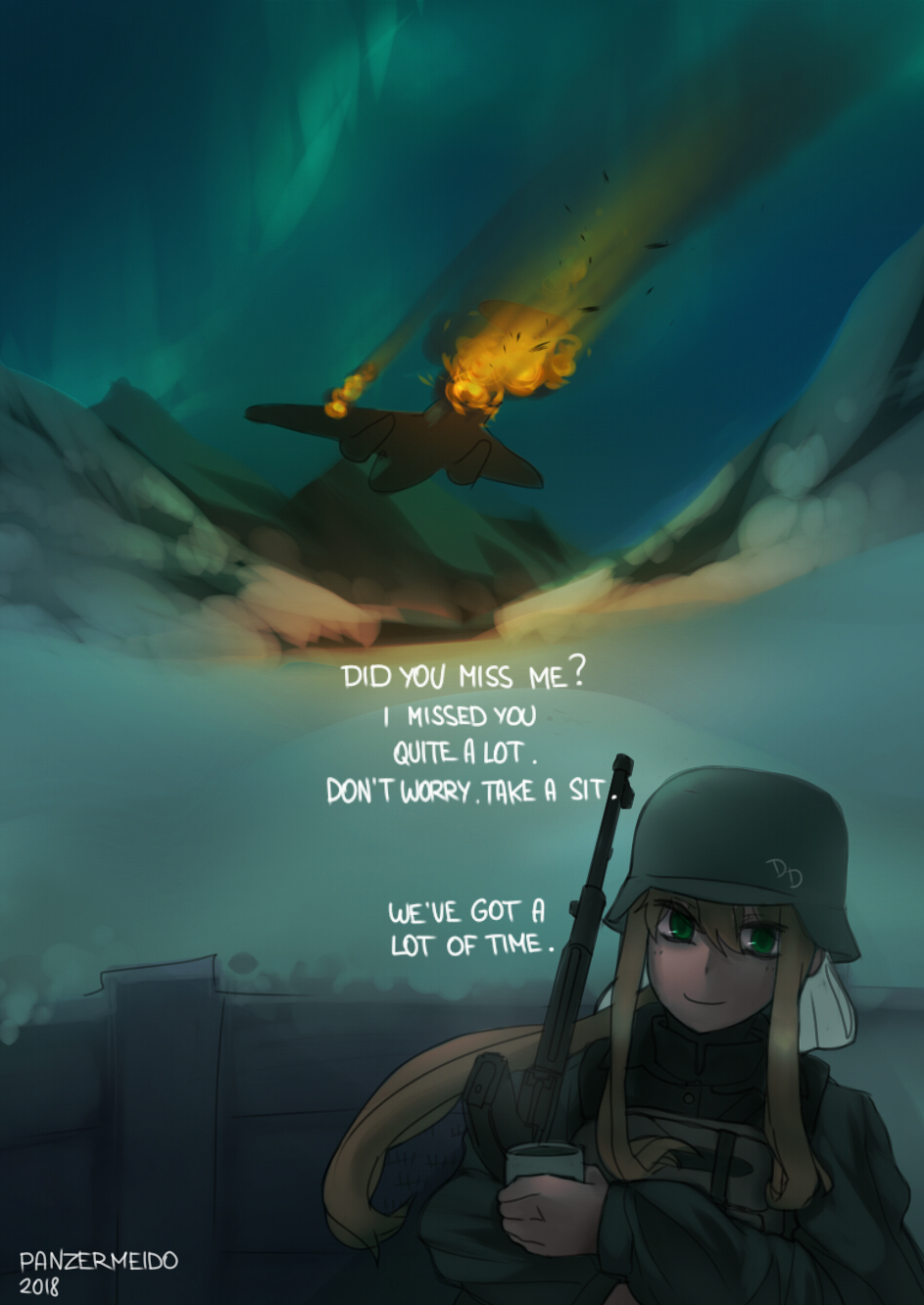 aircraft, airplane, assault_rifle, battlefield_v, brown_hair, burning, cup, dated