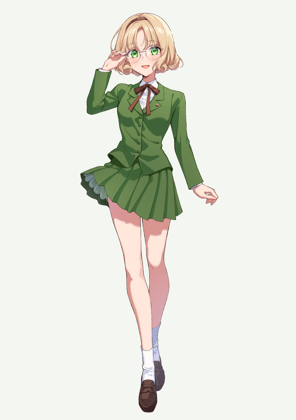 1girl, blazer, blonde_hair, brown_footwear, brown_hairband, commentary_request, full_body, glasses