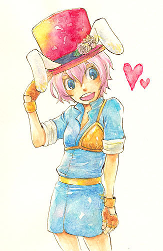 1girl, animal_ear_headwear, animal_ears, archer_(ragnarok_online), blue_dress, blue_eyes, blush, breasts, brown_gloves, collared_dress, commentary_request, cowboy_shot, dress, fake_animal_ears, fingerless_gloves, flower, gloves, hair_between_eyes, hat, hat_flower, heart, long_bangs, looking_at_viewer, lowres, muneate, open_mouth, pink_flower, pink_hair, ragnarok_online, red_headwear, round_teeth, short_dress, short_hair, short_sleeves, simple_background, small_breasts, smile, solo, teeth, top_hat, traditional_media, umaruzo, upper_teeth_only, white_background