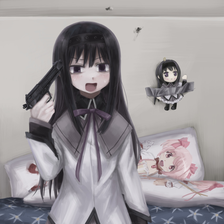 akemi_homura, bags_under_eyes, bed, black_hair, body_pillow, bullet_hole, diu9you, gun