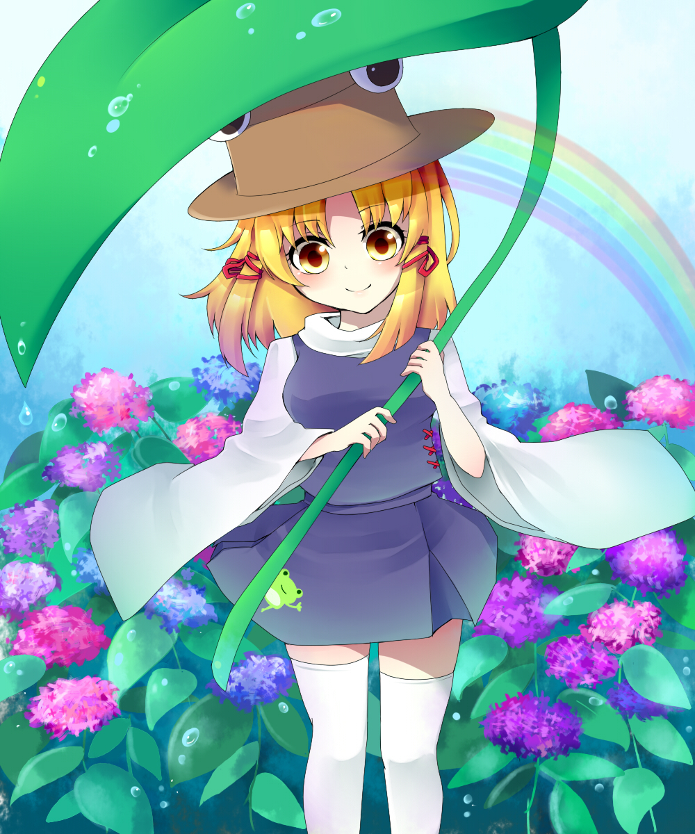 eyes, flower, hat, highres, hydrangea, leaf, leaf_umbrella, moriya_suwako