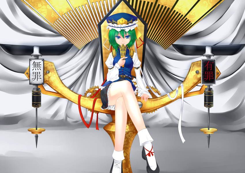 blue_eyes, crossed_legs, floral_print, green_hair, hat, inu3, legs, naughty_face