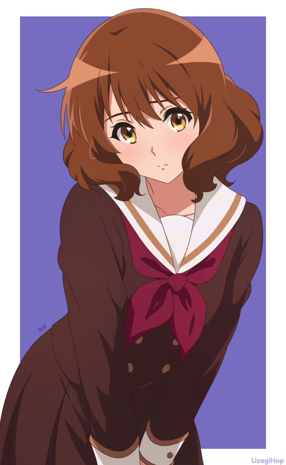 1girl, blush, brown_hair, brown_serafuku, hibike!_euphonium, highres, kitauji_high_school_uniform, long_sleeves, looking_at_viewer, medium_hair, neckerchief, oumae_kumiko, pink_neckerchief, red_neckerchief, sailor_collar, school_uniform, serafuku, simple_background, solo, uniform, usagihop, yellow_eyes