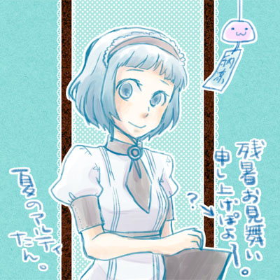 1girl, :3, alty_(ragnarok_online), blue_background, blunt_bangs, breasts, brown_necktie, clipboard