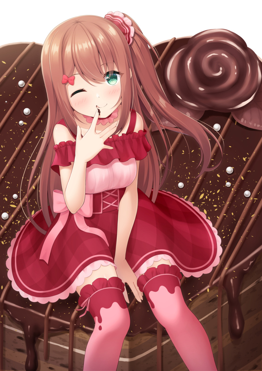 1girl, 7fuji_06, between_legs, blue_eyes, blush, bow, brown_hair, cake