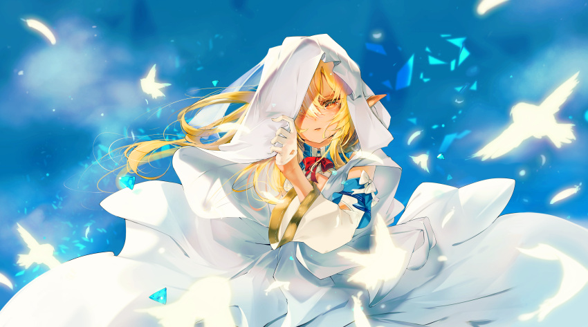 1girl, absurdres, blonde_hair, blue_sky, bow, bowtie, cloak, dark-skinned_female