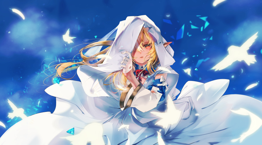 1girl, absurdres, blonde_hair, blue_sky, bow, bowtie, cloak, dark-skinned_female