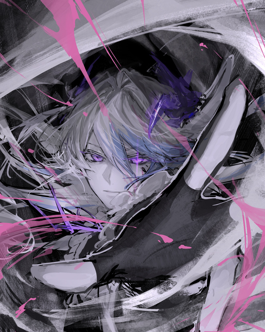 1boy, absurdres, arknights, black_gloves, blue_hair, commentary_request, fingerless_gloves, gloves