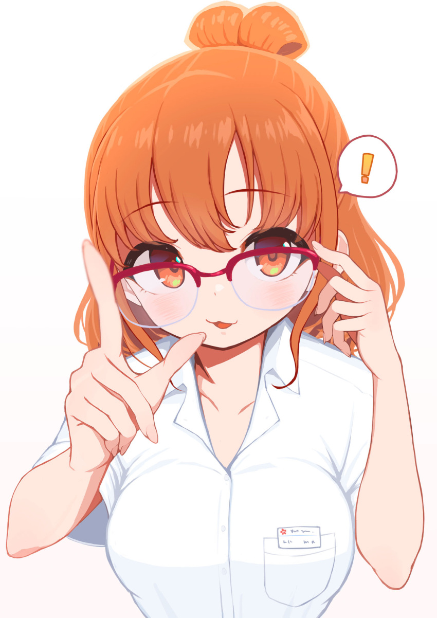 !, 1girl, blush, boku_no_kokoro_no_yabai_yatsu, breasts, glasses, hair_bun, highres, looking_at_viewer, open_mouth, orange_eyes, orange_hair, polo_shirt, red-framed_eyewear, reeto_(panama), sekine_moeko, shirt, speech_bubble, white_background, white_shirt