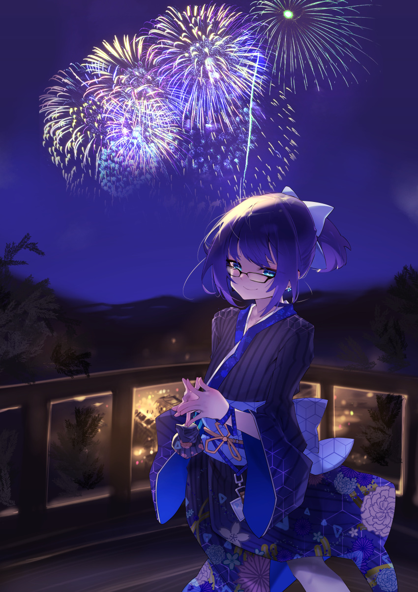 1girl, a-chan_(hololive), absurdres, aerial_fireworks, alternate_hairstyle, back_bow, black_kimono, blue_bow