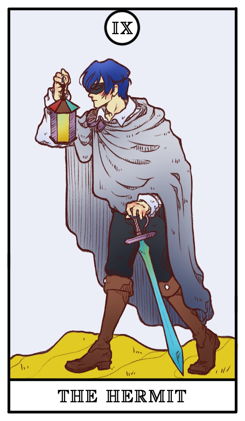 1boy, ankle_boots, black_pants, blindfold, blue_hair, boots, brown_footwear, cape