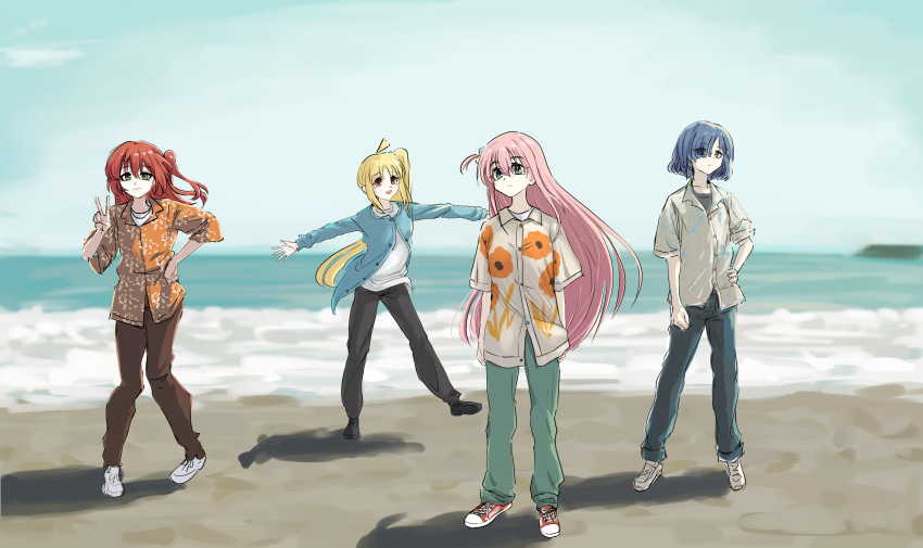 4girls, absurdres, beach, blonde_hair, blue_hair, bocchi_the_rock!, buru, casual