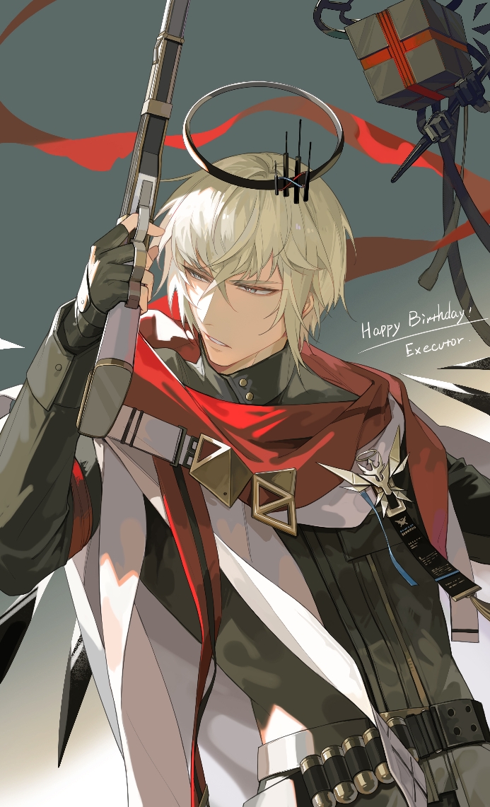 1boy, arknights, black_gloves, black_shirt, character_name, executor_(arknights), finger_on_trigger, fingerless_gloves
