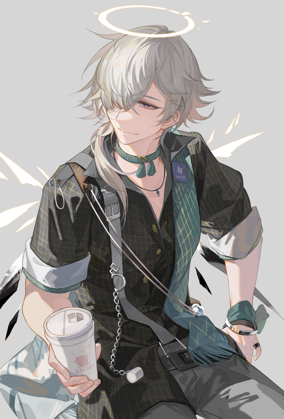 1boy, arknights, black_shirt, closed_mouth, coffee_cup, collared_shirt, cup, detached_wings, disposable_cup, dress_shirt, enforcer_(arknights), grey_background, grey_eyes, grey_hair, grey_pants, hair_over_one_eye, half-closed_eye, halo, highres, holding, holding_cup, junchao, male_focus, pants, shirt, simple_background, sitting, smile, solo, white_wings, wings