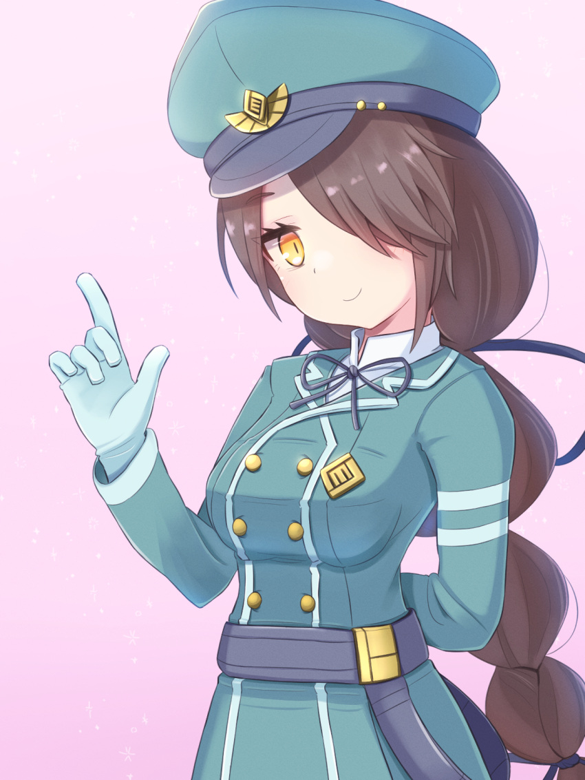 1girl, aqua_dress, aqua_headwear, arm_behind_back, belt, blue_ribbon, braid, breasts