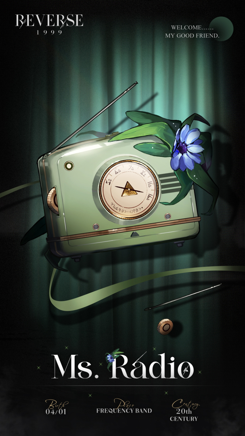 blue_flower, character_name, copyright_name, english_text, floating, flower, green_background, green_curtains