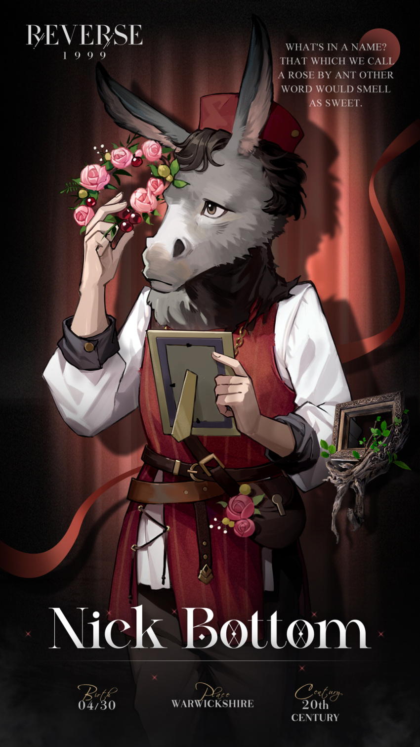 1boy, animal_head, bag, belt, berry, brown_bag, brown_belt, brown_eyes, brown_pants, character_name, copyright_name, cowboy_shot, donkey_head, english_text, flower, flower_wreath, hands_up, highres, holding_frame, holding_wreath, logo, long_sleeves, looking_at_object, male_focus, nick_bottom_(reverse:1999), official_art, pants, pink_flower, pink_rose, puffy_long_sleeves, puffy_sleeves, red_curtains, red_headwear, red_vest, reverse:1999, rose, shirt, shoulder_bag, solo, vest, white_shirt