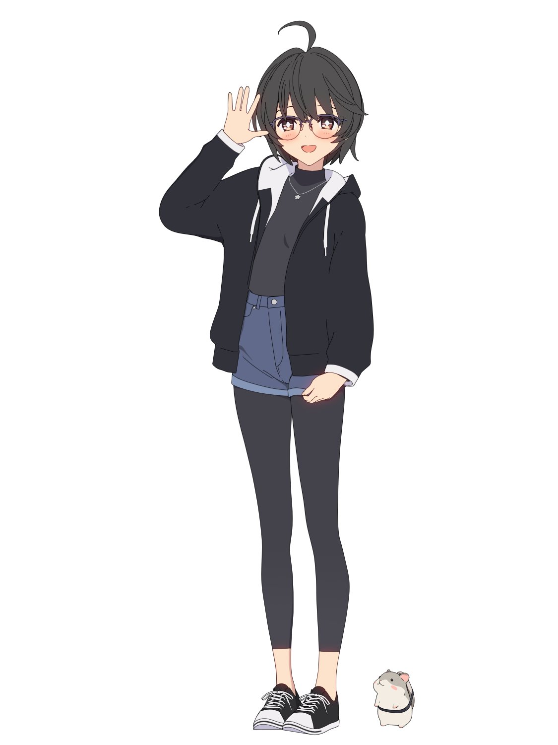 +_+, 1girl, 3d, ahoge, arm_at_side, artist_request, black_footwear, black_hair, black_hoodie, black_pants, black_shirt, blender_(medium), blue_shorts, blush, bright_pupils, brown_eyes, flat_chest, full_body, glasses, hamster, hand_up, highres, hood, hood_down, hoodie, jewelry, long_sleeves, looking_at_viewer, necklace, no_socks, open_clothes, open_hand, open_hoodie, open_mouth, pants, rin_(rinrinne), rinrinne, shirt, shoes, short_hair, shorts, simple_background, smile, sneakers, solo, standing, star_(symbol), star_necklace, tachi-e, turtleneck, virtual_youtuber, white_background, white_pupils