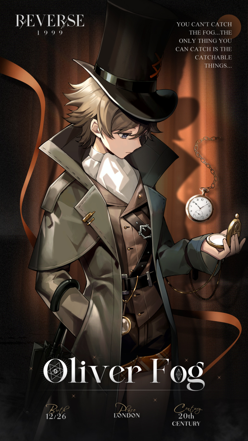 1boy, bishounen, black_coat, black_headwear, brown_eyes, brown_hair, brown_shorts, brown_vest