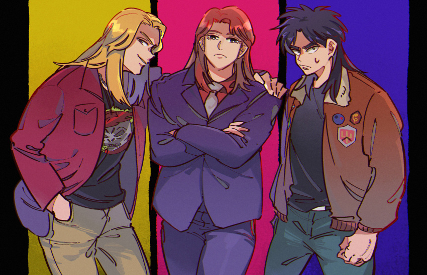 3boys, black_eyes, black_hair, black_shirt, blonde_hair, blue_pants, bomber_jacket, brown_hair, brown_jacket, brown_pants, clenched_hand, closed_mouth, collared_shirt, commentary_request, cowboy_shot, crossed_arms, frown, grin, hand_in_pocket, hand_on_another's_shoulder, highres, ichijou_seiya, inudori, itou_kaiji, jacket, kaiji, kitami_(kaiji), long_hair, long_sleeves, looking_at_viewer, male_focus, medium_bangs, multiple_boys, necktie, open_clothes, open_jacket, pants, parted_bangs, purple_jacket, purple_pants, red_jacket, red_shirt, shirt, smile, suit, white_necktie