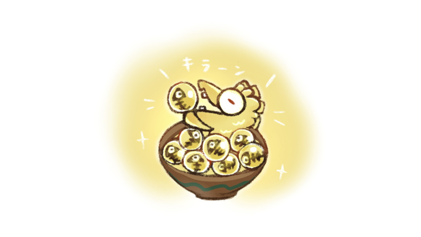 bowl, bulging_eyes, chibi, closed_eyes, commentary_request, egg, golden_egg, goldie_(splatoon)