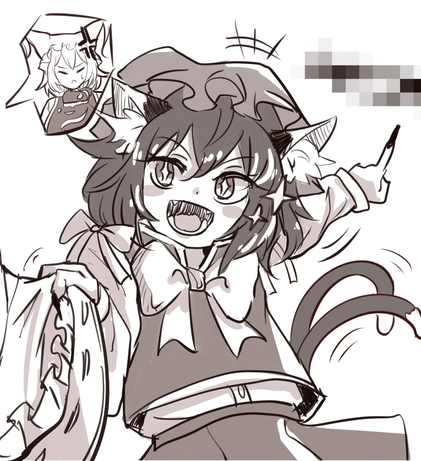 +_+, 2girls, alinoce716, anger_vein, animal_ear_fluff, animal_ears, bow, bowtie, cat_ears, cat_girl, cat_tail, censored, chen, commentary_request, corpse, fingernails, greyscale, hat, highres, long_fingernails, long_sleeves, looking_at_viewer, mob_cap, monochrome, mosaic_censoring, multiple_girls, multiple_tails, nekomata, open_mouth, short_hair, simple_background, solo_focus, star_(symbol), tail, touhou, two_tails, vest, yakumo_ran