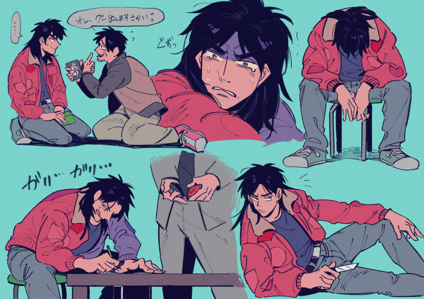 ..., 3boys, :q, absurdres, black_eyes, black_hair, black_shirt, blue_background