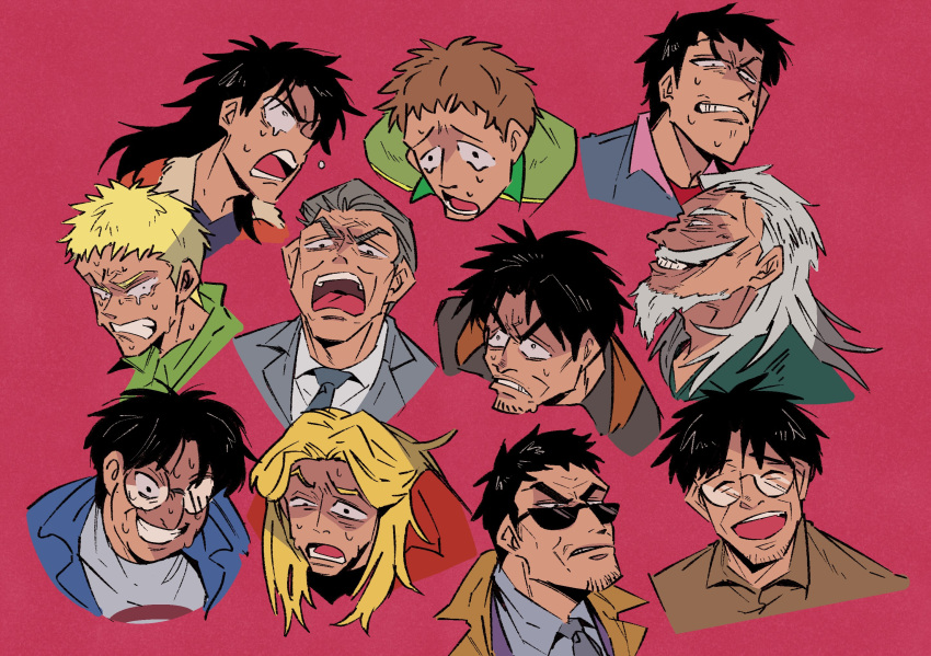 6+boys, andou_mamoru, beard, black_eyes, black_hair, black_shirt, blonde_hair, blue_jacket