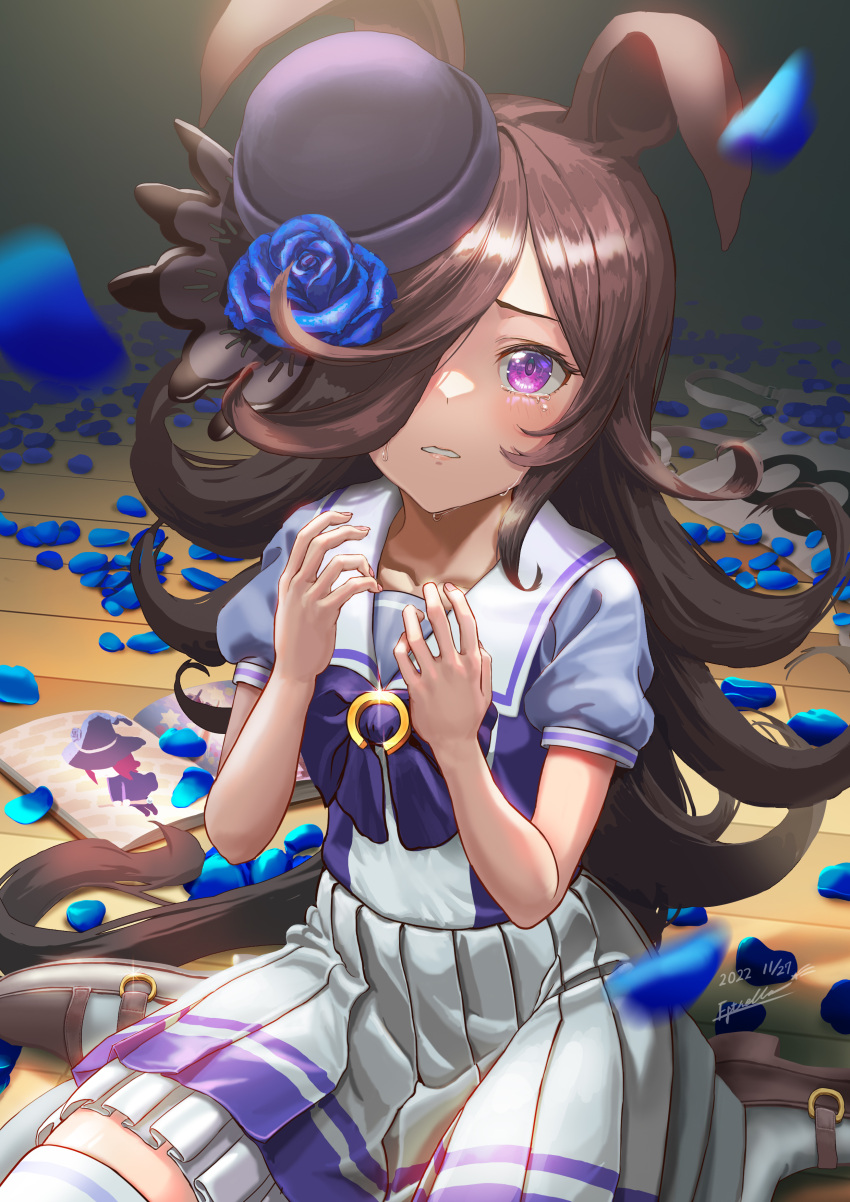 1girl, absurdres, animal_ears, blue_flower, blue_rose, brown_fur, brown_hair, crying