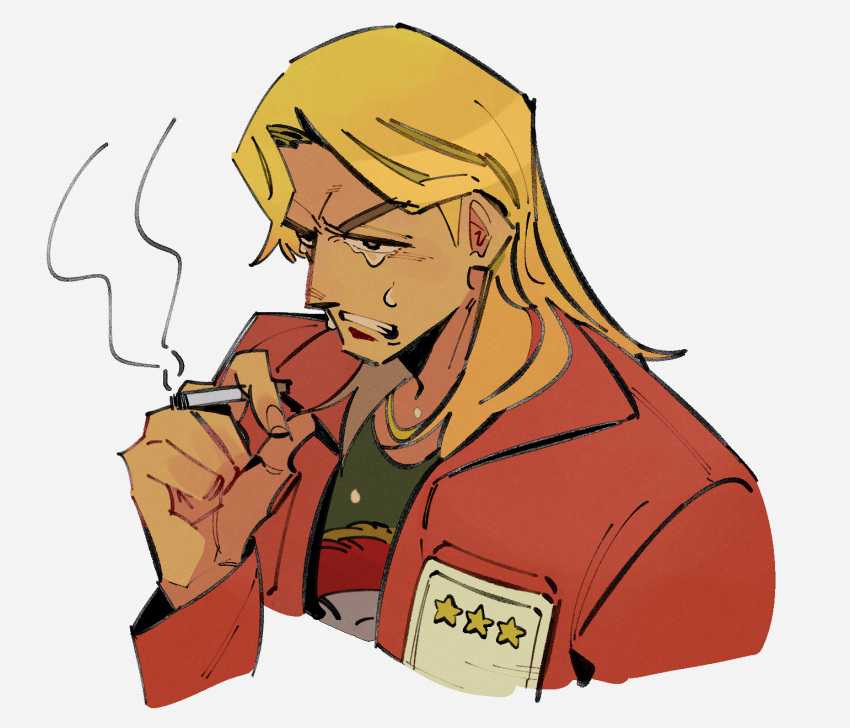 1boy, black_eyes, blonde_hair, cigarette, clenched_teeth, commentary_request, cropped_torso, crying