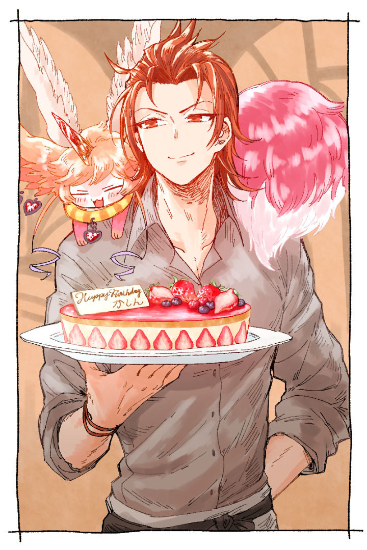 1boy, arm_behind_back, birthday_cake, buttons, cake, carbuncle_(granblue_fantasy), closed_mouth, collared_shirt, commentary_request, food, gedougawa, granblue_fantasy, grey_shirt, happy_birthday, heart, holding, holding_plate, horns, male_focus, medium_hair, orange_eyes, orange_hair, percival_(granblue_fantasy), plate, shirt, single_horn, sleeves_rolled_up, smile, upper_body, wristband