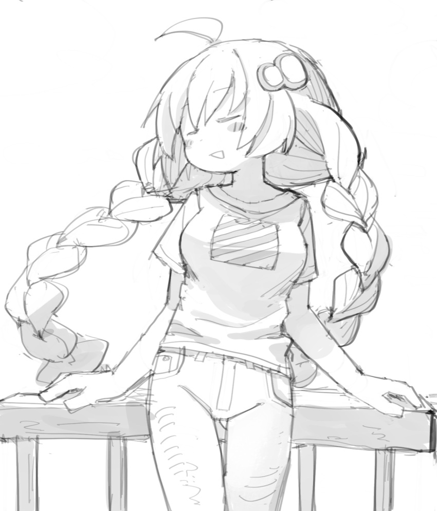 1girl, ahoge, alternate_costume, arm_support, blush_stickers, braid, closed_eyes, colalk, cowboy_shot, denim, fence, hair_ornament, highres, jeans, kizuna_akari, long_hair, monochrome, open_mouth, pants, shirt, simple_background, sketch, solo, standing, twin_braids, vocaloid, voiceroid, white_background