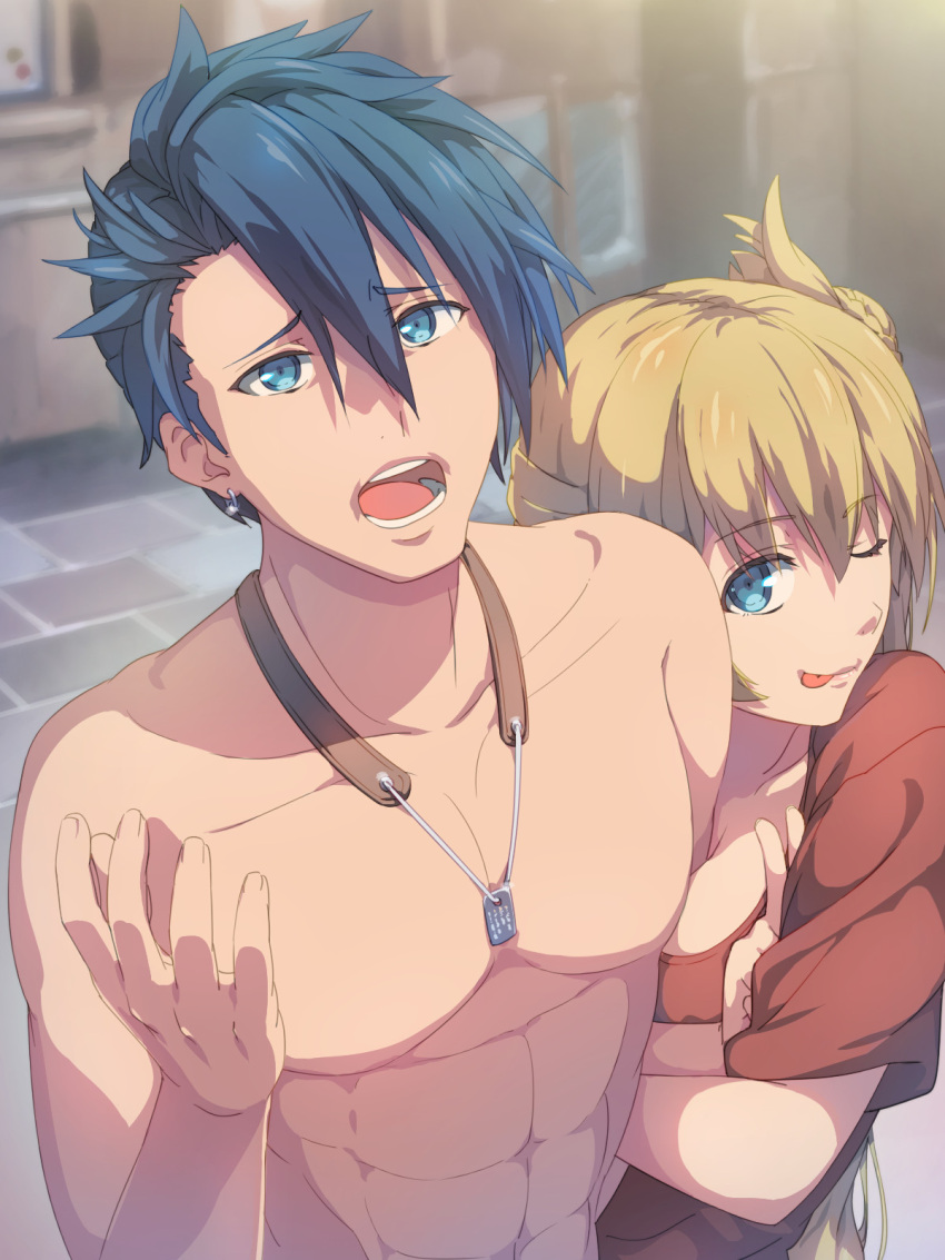 1boy, 1girl, abs, agnes_claudel, arm_hug, blue_eyes, braid, braided_bun