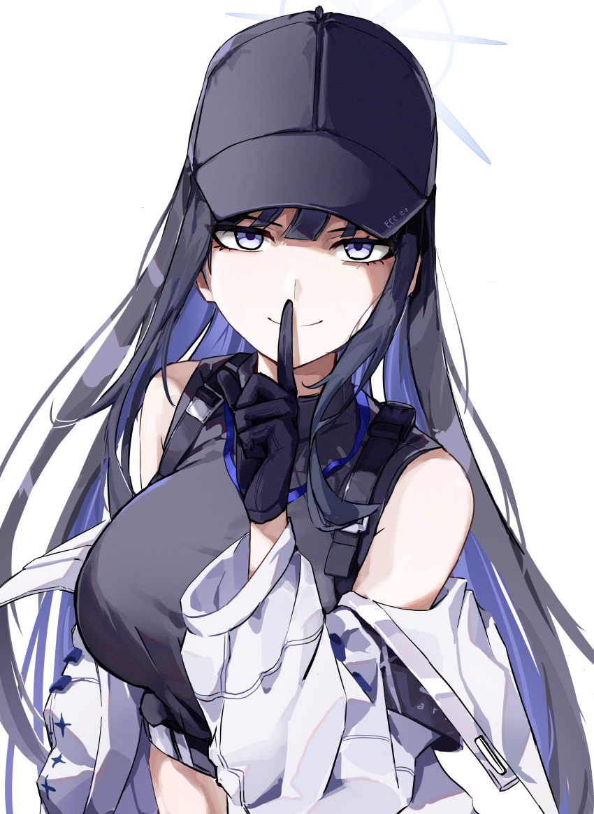 1girl, absurdres, armband, baseball_cap, black_armband, black_gloves, black_hair, blue_archive