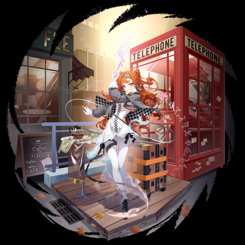 1girl, absurdres, belt, black_bow, blue_flower, bow, braided_sidelock, cafe