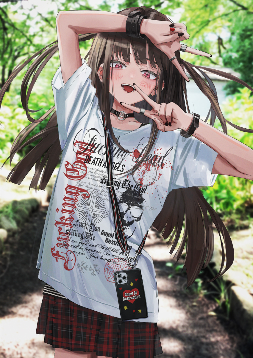 1girl, absurdres, arm_up, belt_bracelet, black_nails, blunt_ends, blush, brown_hair