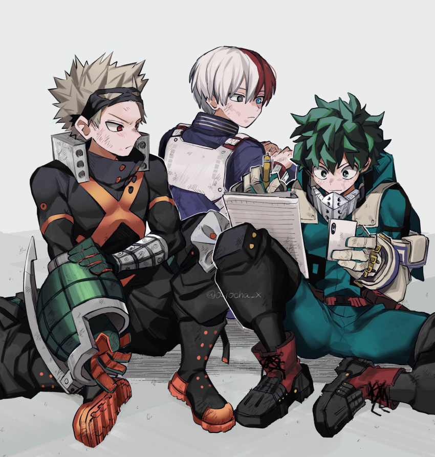 >:(, 3boys, absurdres, alternate_hair_color, aqua_bodysuit, aqua_gloves, baggy_pants, bakugou_katsuki