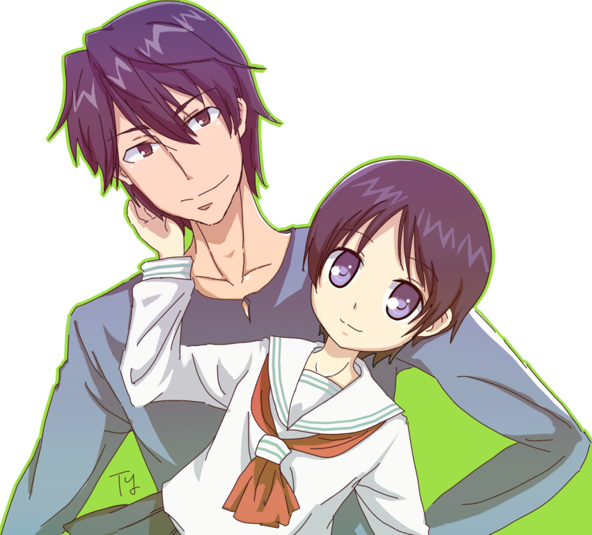 1boy, 1girl, black_hair, black_skirt, blue_eyes, brother_and_sister, hair_between_eyes, hand_up