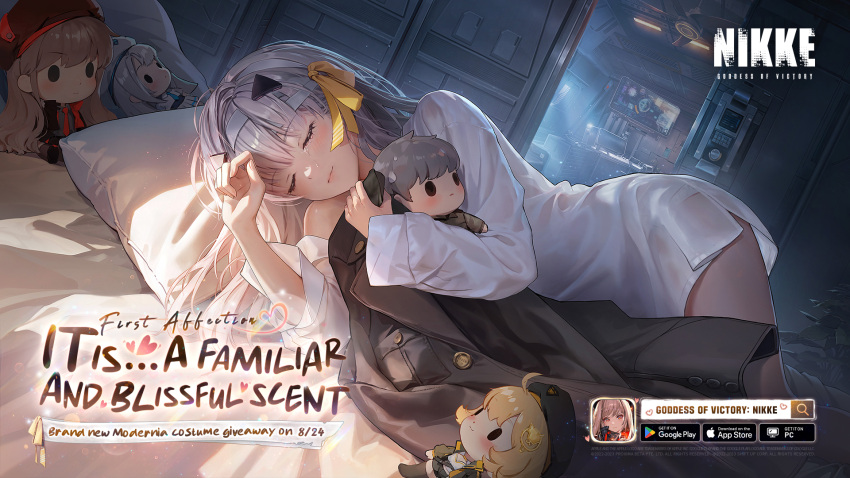 1boy, 4girls, ahoge, anis_(nikke), bed, beret, blonde_hair, blush