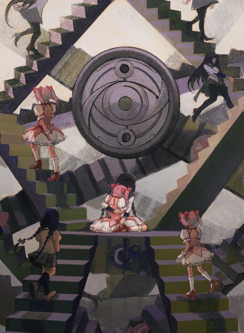6+girls, abstract, akemi_homura, black_hair, black_socks, bow, bow_choker, braid, brown_footwear, bubble_skirt, chinese_commentary, choker, commentary_request, dress, dress_bow, facing_away, footwear_bow, hair_bow, highres, hug, juliet_sleeves, kaname_madoka, long_hair, long_sleeves, magical_girl, mahou_shoujo_madoka_magica, mahou_shoujo_madoka_magica_(anime), miaoyunyun, mitakihara_school_uniform, multiple_girls, multiple_persona, pink_dress, pink_hair, plaid, plaid_skirt, puffy_short_sleeves, puffy_sleeves, red_choker, red_footwear, school_uniform, shoes, short_hair, short_sleeves, short_twintails, sitting, skirt, socks, stairs, twin_braids, twintails, walking, white_skirt, white_socks