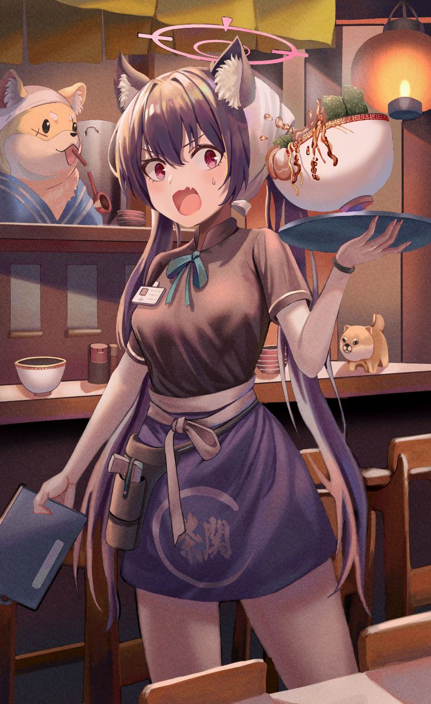 1girl, absurdres, animal_ear_fluff, animal_ears, apron, black_hair, black_shirt, blue_archive