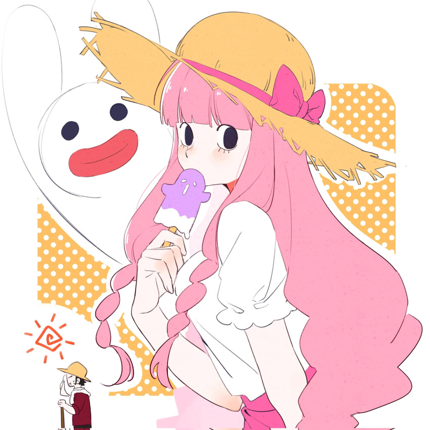 1boy, alternate_costume, beard, dracule_mihawk, drill_hair, facial_hair, frilled_shirt, frills, ghost, hat, highres, hot, looking_at_viewer, looking_back, one_piece, perona, pink_hair, ritsuki45722255, shirt, short_hair, summer, sun_hat, twintails, upper_body