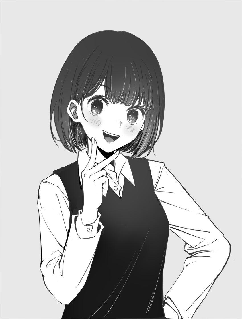 1girl, absurdres, arima_kana, black_hair, black_sweater_vest, blush, bob_cut, grey_background, greyscale, happy, highres, inverted_bob, light_blush, looking_at_viewer, monochrome, open_mouth, oshi_no_ko, shirt, short_hair, simple_background, smile, solo, sweater_vest, upper_body, v, watchmen-001, white_shirt