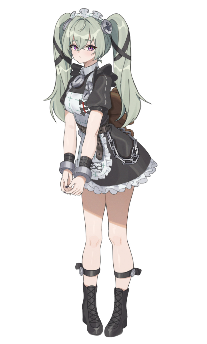 1girl, apron, black_bow, black_dress, black_footwear, black_wristband, boots, bow