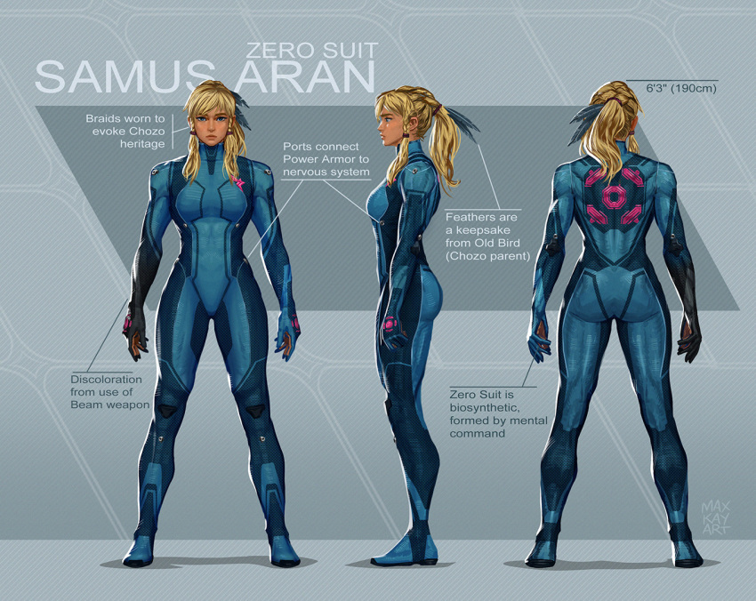 1girl, blonde_hair, blue_jumpsuit, braid, english_text, feather_hair_ornament, feathers, hair_ornament, jumpsuit, looking_at_viewer, looking_to_the_side, max_kay, metroid, muscular, muscular_female, ponytail, reference_sheet, samus_aran, signature, tall_female, twin_braids, zero_suit