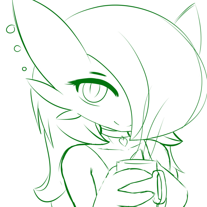 1girl, absurdres, alternate_hair_length, alternate_hairstyle, breasts, choker, closed_mouth, collarbone, commentary, cup, english_commentary, fir3born, gardevoir, hair_over_one_eye, hand_up, happy, heart, heart_choker, highres, holding, holding_cup, long_hair, looking_at_viewer, medium_breasts, monochrome, mug, one_eye_covered, pokemon, pokemon_(creature), simple_background, sketch, smile, solo, split_mouth, upper_body, white_background