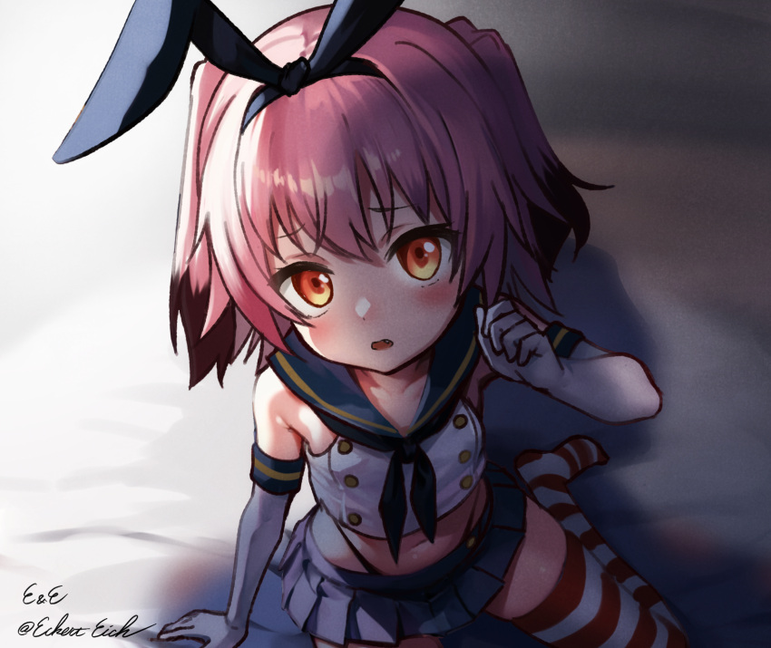 1girl, collarbone, cosplay, eckert&amp;eich, elbow_gloves, fang, gloves, highres
