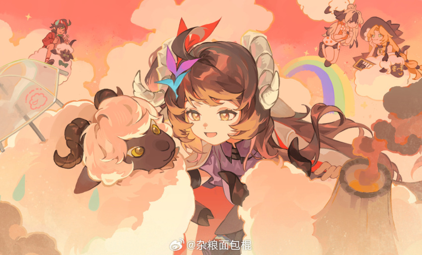 1boy, 3girls, ahoge, animal_ears, arknights, blonde_hair, brown_hair, bryophyta_(arknights), eyjafjalla_(arknights), eyjafjalla_the_hvit_aska_(arknights), favilia, green_eyes, grey_hair, hair_ornament, hat, horns, long_hair, multiple_girls, rainbow, riding, sheep, sheep_ears, sheep_horns, snowsant_(arknights), suanpan, swimsuit, swire_(arknights), swire_the_elegant_wit_(arknights), umbrella, volcano