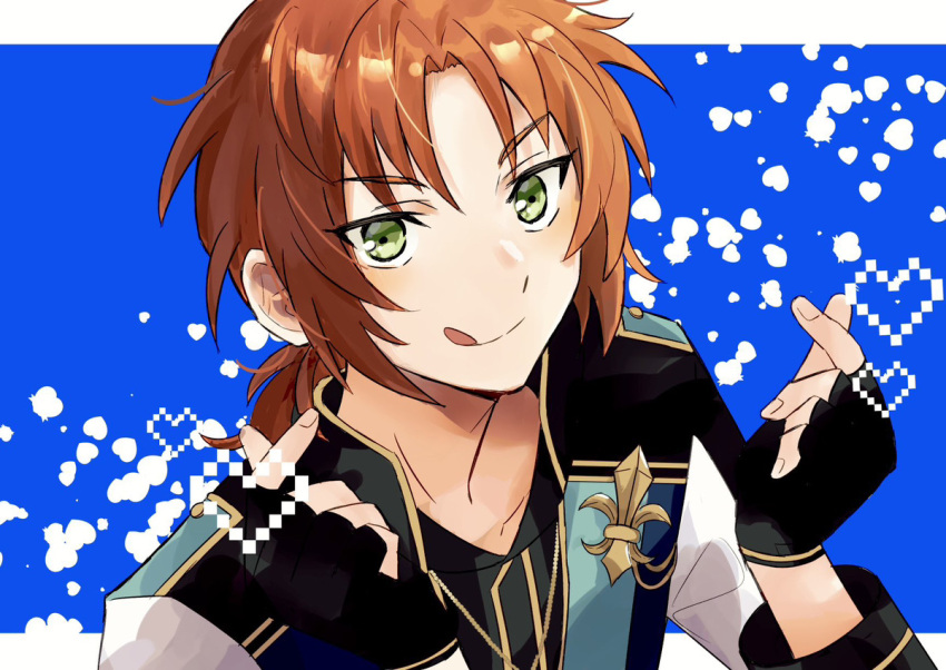 1boy, black_gloves, commentary_request, ensemble_stars!, finger_heart, fingerless_gloves, fingernails, gloves